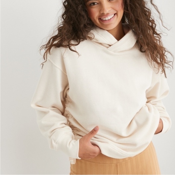 aerie Sweaters - Aerie Side Ruched Hoodie - Vintage Vanilla